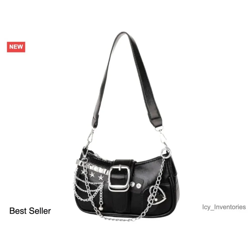 Y2K Star Embroidery Hobo Bag Mini Chain Shoulder Bag PU Leather Handbag